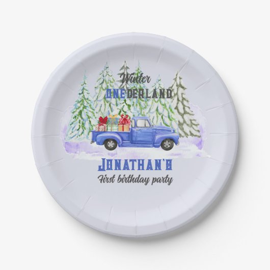 Winter Onederland Eerste Verjaardag blauwe vrachtw Papieren Bordje (Voorkant)