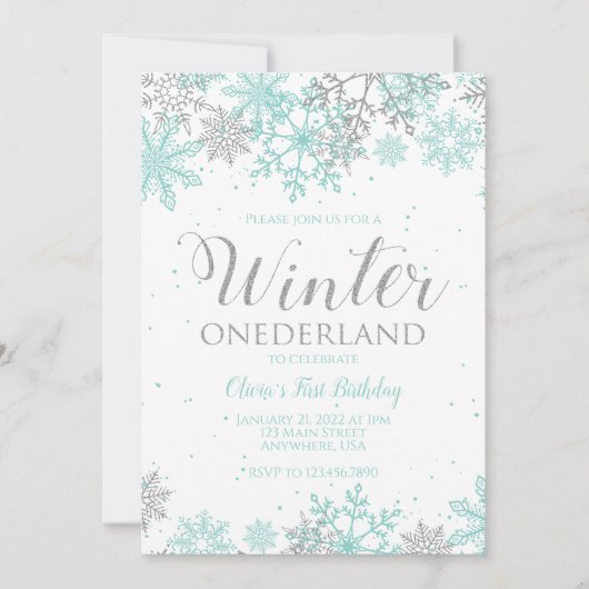 Winter Onederland Eerste verjaardag blauwgroen sne Kaart (Voorkant)