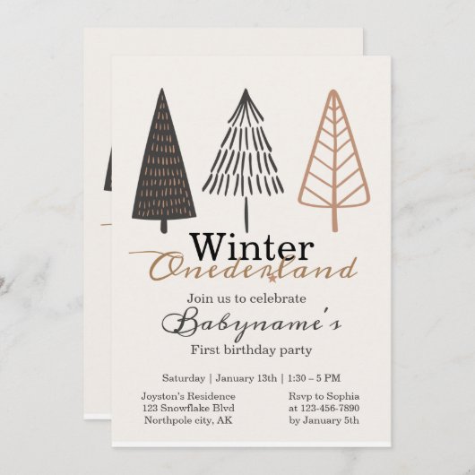 Winter Onederland Eerste Verjaardag Boho Minimalis Kaart (Voorkant / Achterkant)