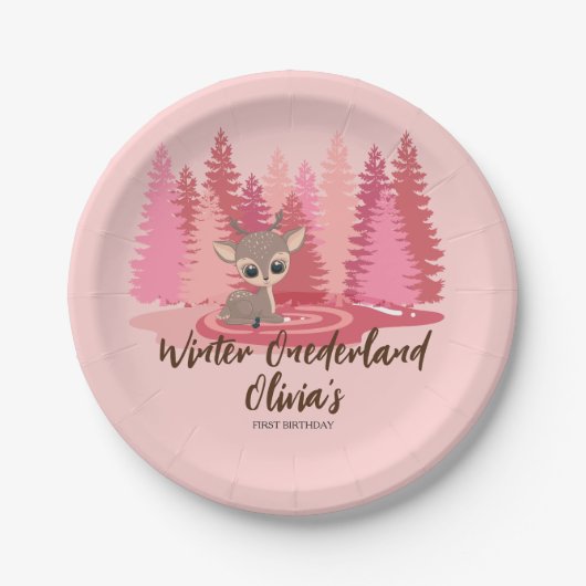 Winter Onederland Eerste Verjaardag Herten Roze Bo Papieren Bordje (Voorkant)