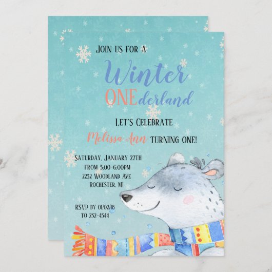 Winter Onederland Eerste verjaardag Kaart (Voorkant / Achterkant)