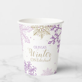 Winter Onederland eerste verjaardag paars goud Papieren Bekers