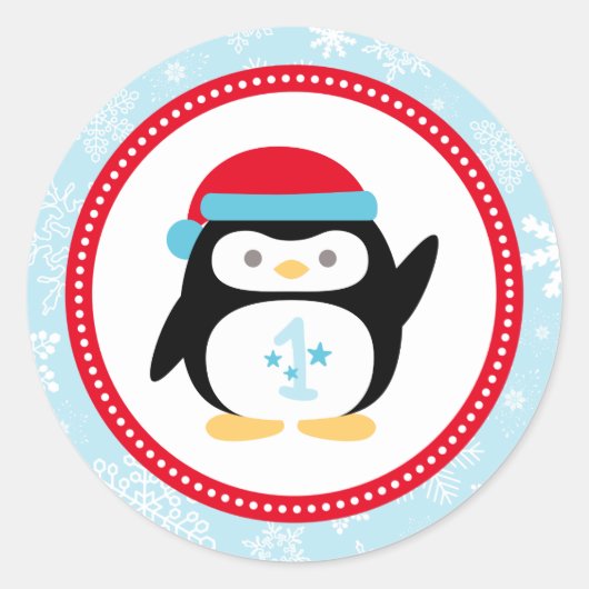 Winter ONEderland Eerste Verjaardag Pinguïn Ronde Sticker (Voorkant)