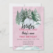 Winter Onederland Eerste Verjaardag Pinguïn Roze Kaart (Voorkant)