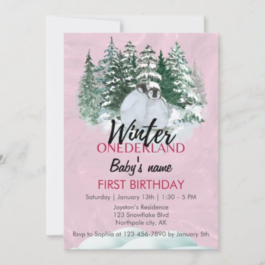 Winter Onederland Eerste Verjaardag Pinguïn Roze Kaart (Voorkant)