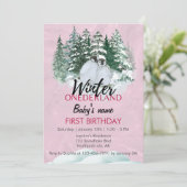 Winter Onederland Eerste Verjaardag Pinguïn Roze Kaart (Staand voorkant)