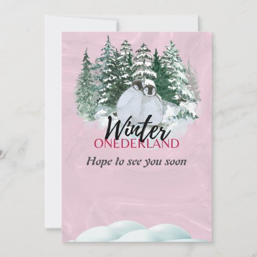 Winter Onederland Eerste Verjaardag Pinguïn Roze Kaart (Achterkant)