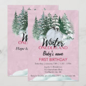 Winter Onederland Eerste Verjaardag Pinguïn Roze Kaart (Voorkant / Achterkant)