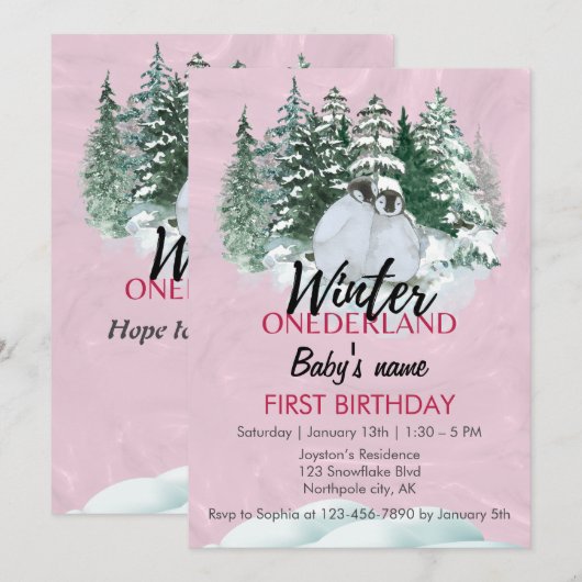 Winter Onederland Eerste Verjaardag Pinguïn Roze Kaart (Voorkant / Achterkant)