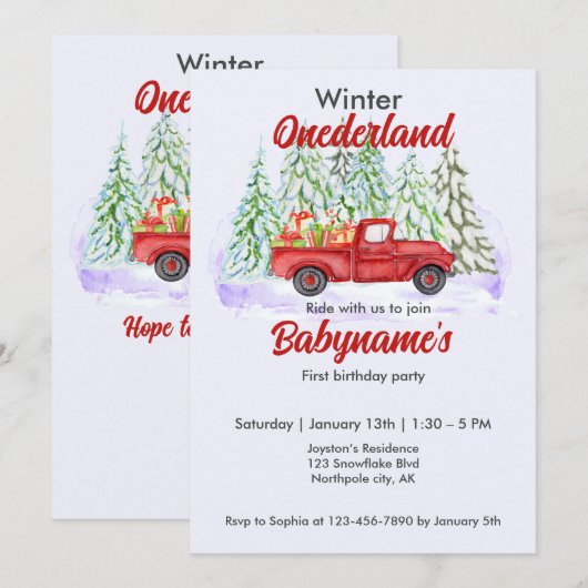 Winter Onederland Eerste Verjaardag Red Truck Cade Kaart (Voorkant / Achterkant)