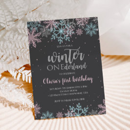 Winter Onederland Eerste Verjaardag Roze Blauw Sne Kaart