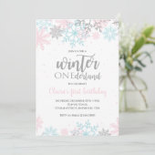 Winter Onederland eerste verjaardag roze blauwe sn Kaart (Staand voorkant)