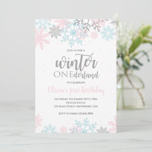 Winter Onederland eerste verjaardag roze blauwe sn Kaart (Staand voorkant)