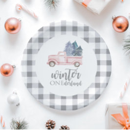 Winter Onederland Eerste verjaardag roze vrachtwag Papieren Bordje