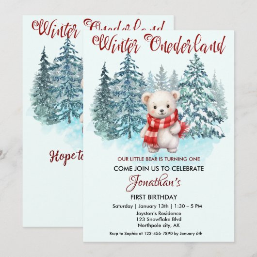 Winter Onederland Eerste Verjaardag Schattige Beer Kaart (Voorkant / Achterkant)