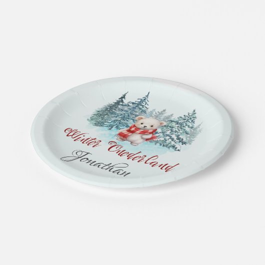 Winter Onederland Eerste Verjaardag Schattige Beer Papieren Bordje (Gekanteld)