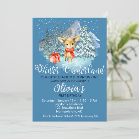 Winter Onederland Eerste Verjaardag Schattige rend Kaart (Staand voorkant)