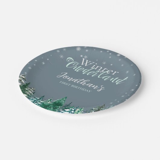 Winter Onederland Eerste Verjaardag sneeuwlandscha Papieren Bordje (Gekanteld)