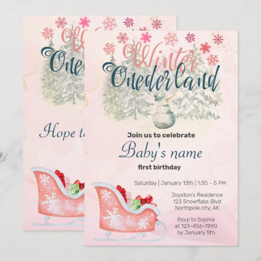 Winter Onederland eerste verjaardag sneeuwpop roze Kaart (Voorkant / Achterkant)
