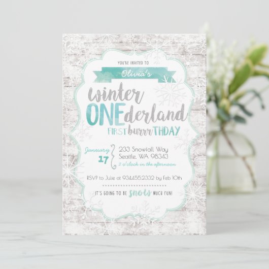 Winter Onederland Eerste Verjaardag Uitnodiging (Staand voorkant)