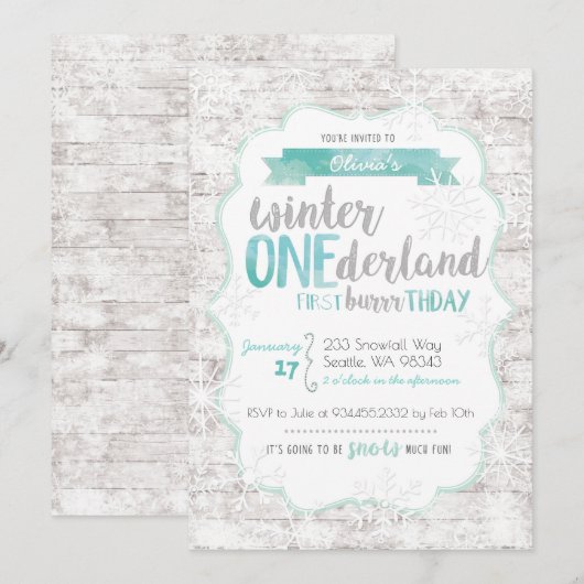 Winter Onederland Eerste Verjaardag Uitnodiging (Voorkant / Achterkant)