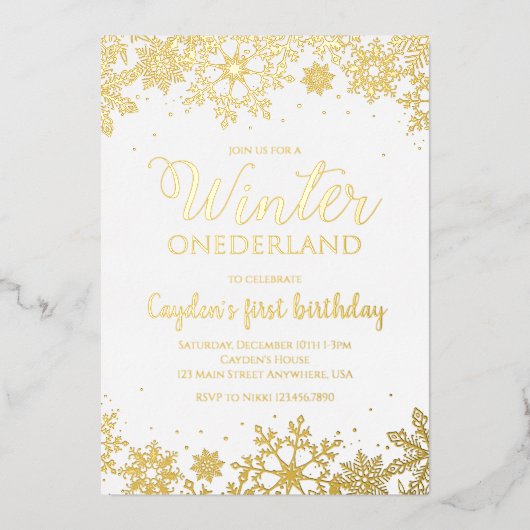 Winter Onederland Eerste Verjaardag Zilveren Sneeu Folie Uitnodiging (Voorkant)