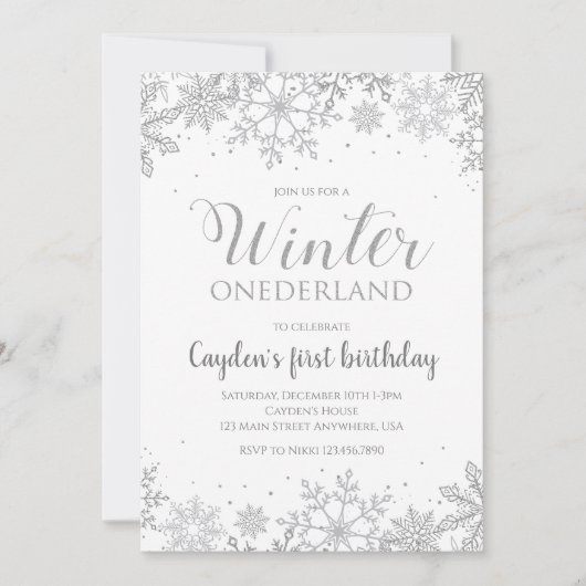 Winter Onederland Eerste verjaardag Zilveren Snowf Kaart (Voorkant)