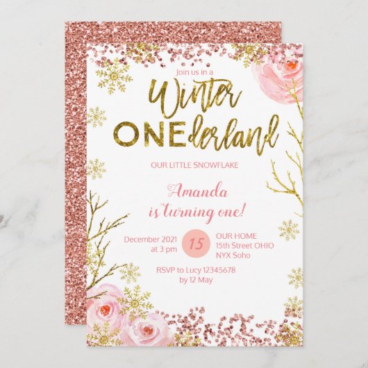 Winter ONEderland First Birthday Invitation Pink Kaart (Voorkant / Achterkant)