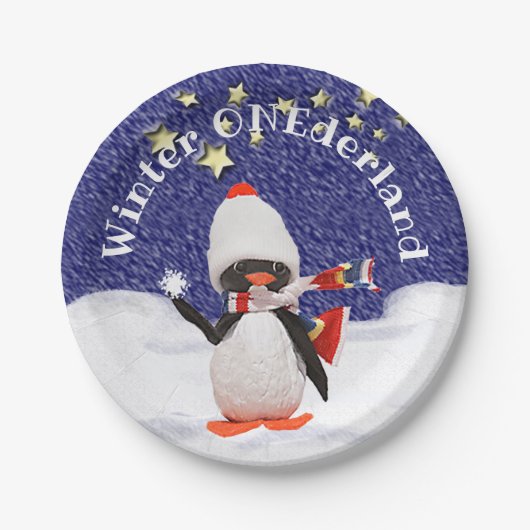 Winter ONEderland First Birthday Party Penguin Papieren Bordje (Voorkant)