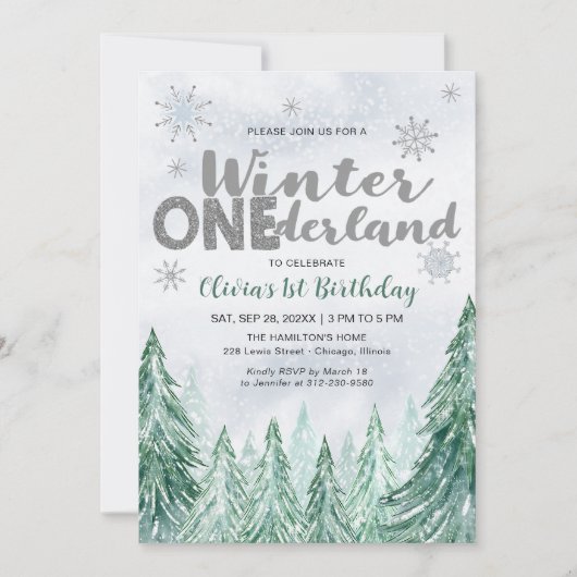 Winter Onederland First Birthday Snowflakes Forest Kaart (Voorkant)