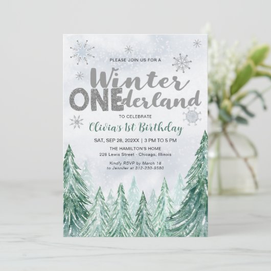 Winter Onederland First Birthday Snowflakes Forest Kaart (Staand voorkant)
