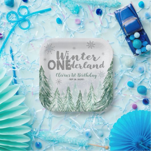 Winter Onederland First Birthday Snowflakes Forest Papieren Bordje (Feest)