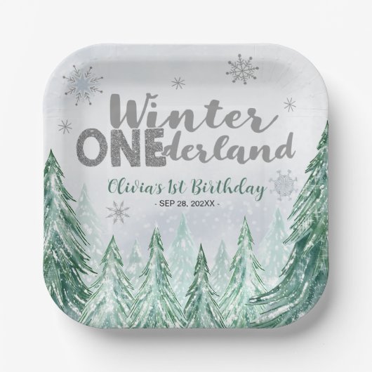 Winter Onederland First Birthday Snowflakes Forest Papieren Bordje (Voorkant)