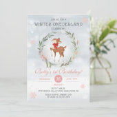 Winter Onederland Floral Deer Baby 1e verjaardag Kaart (Staand voorkant)
