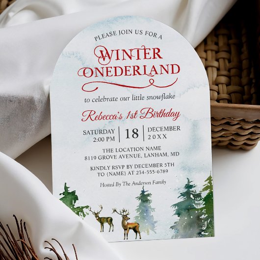 Winter ONEderland Forest Deer Baby First Birthday Kaart