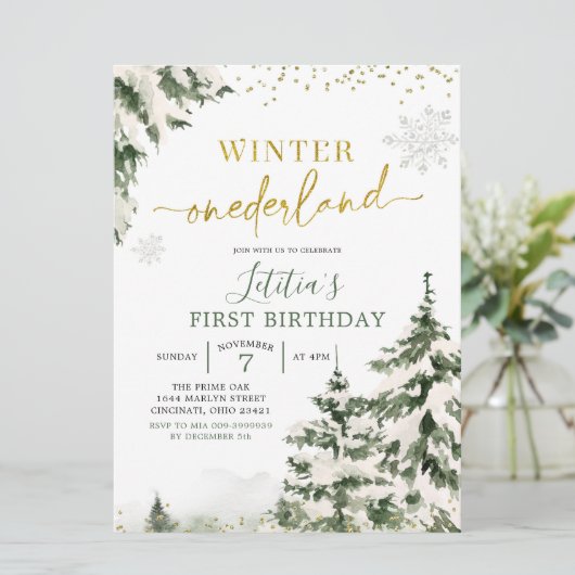 Winter Onederland Forest First Birthday Invitation Kaart (Staand voorkant)
