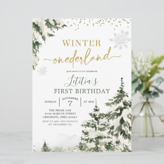 Winter Onederland Forest First Birthday Invitation Kaart (Staand voorkant)