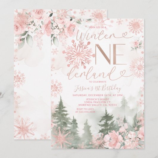 Winter Onederland Forest Pink Snowflake Birthday Kaart (Voorkant / Achterkant)