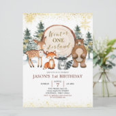 Winter Onederland Forest Woodland Birthday Invite Kaart (Staand voorkant)