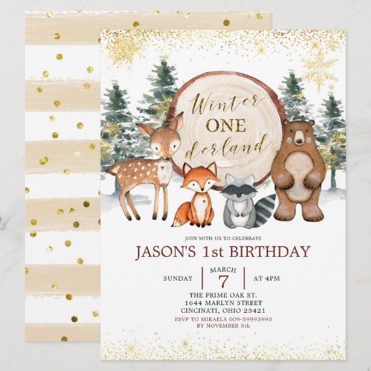 Winter Onederland Forest Woodland Birthday Invite Kaart (Voorkant / Achterkant)