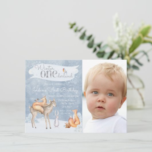Winter ONEderland Foto 1e verjaardag Uitnodigingen (Staand voorkant)