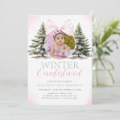 Winter Onederland Fotomeisje Eerste Verjaardag Kaart (Staand voorkant)