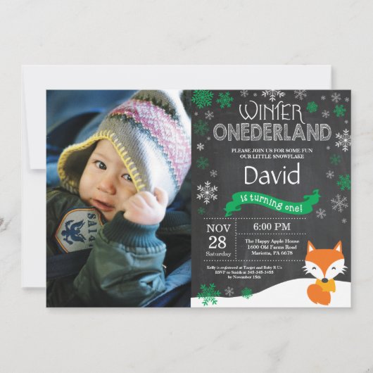 Winter Onederland Fox 1e verjaardag Uitnodiging (Voorkant)