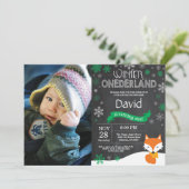 Winter Onederland Fox 1e verjaardag Uitnodiging (Staand voorkant)