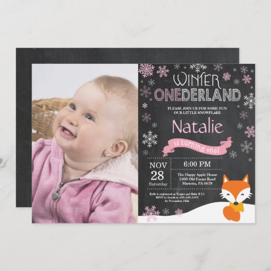 Winter Onederland Fox 1e verjaardag Uitnodiging (Voorkant / Achterkant)