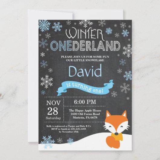 Winter Onederland Fox 1e verjaardag Uitnodiging (Voorkant)
