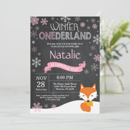 Winter Onederland Fox 1e verjaardag Uitnodiging (Staand voorkant)