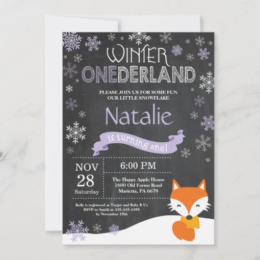 Winter Onederland Fox 1e verjaardag Uitnodiging (Voorkant)