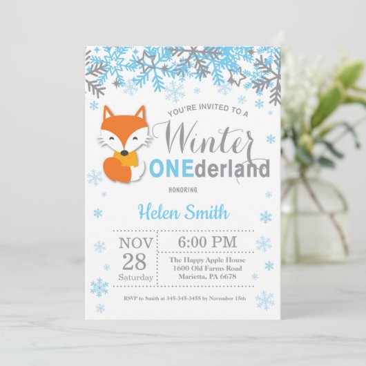 Winter Onederland Fox Boy 1e verjaardag Kaart (Staand voorkant)