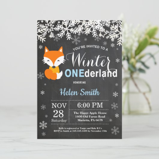 Winter Onederland Fox Boy 1e verjaardag Uitnodigin Kaart (Staand voorkant)